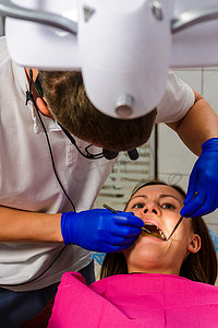 双合诊检查摄影照片_牙医在治疗牙齿问题区域之前会检查口腔。