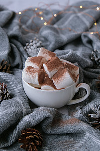 在舒适的冬季毛衣背景上加入棉花糖和可可粉的可可饮料。