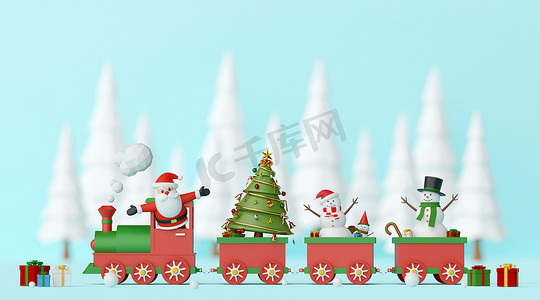 圣诞快乐，新年快乐，圣诞老人和雪人在圣诞火车上带着礼物和蓝色背景的松林，3d 渲染