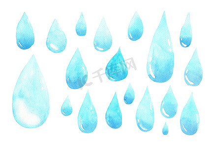 手绘水瓶摄影照片_一组水滴，各种大小的雨滴。