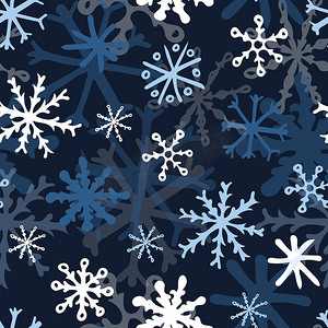 深蓝色蓝色摄影照片_无缝模式与深蓝色背景上的雪花。