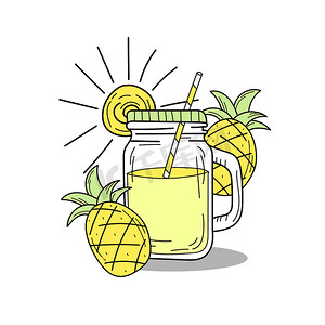 手绘饮料饮料摄影照片_在玻璃罐中手绘西瓜柠檬水。