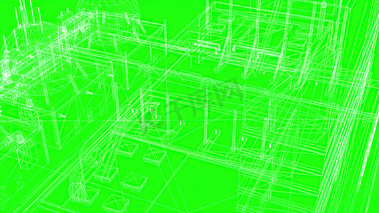 3d 插图-工业建筑的线框模型