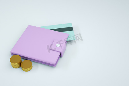 3D 图形、带有硬币的钱包模型和白色隔离背景上的银行卡。