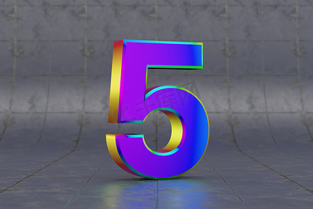 多色 3d 数字 5。平铺背景上有光泽的彩虹色数字。 