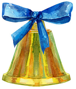 金色水彩圣诞钟声与孤立的白色背景上的蓝色蝴蝶结