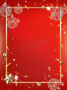 红色庆典派对背景与金色五彩纸屑和边框