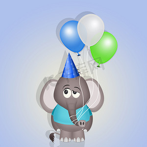生日派对邀请函摄影照片_生日派对明信片上有气球的小象
