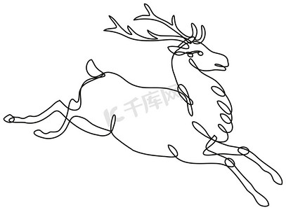 红鹿雄鹿或雄鹿跳侧视图连续线图