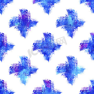 蓝色水彩画笔交叉无缝图案田庄几何设计。