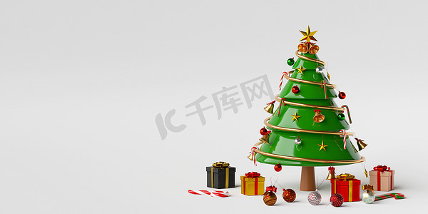 圣诞快乐，新年快乐，带礼物和圣诞装饰品的圣诞树，3d 渲染