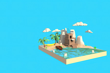 海边房子的 3D 插画。 