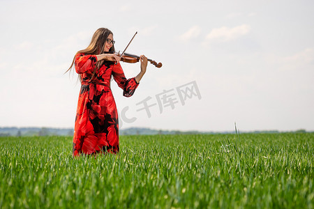 音乐家图片摄影照片_身穿红裙的年轻女子在绿色草地上拉小提琴 — 图片