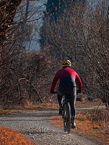 一名骑自行车者在纳特的一条小路上骑山地自行车的后视图