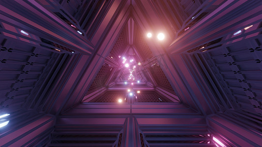 发光球体粒子飞过三角形空间隧道走廊3D插图背景壁纸图形艺术品