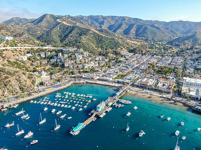 美国圣卡塔利娜岛阿瓦隆市中心和海湾的鸟瞰图
