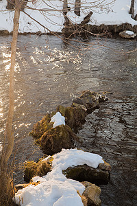 一条河流的冬季景观，阳光照射在水面和白雪覆盖的河岸上。