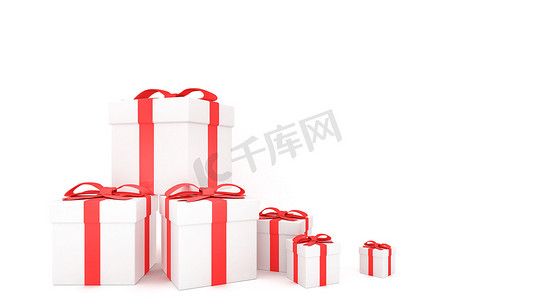 有红色弓和丝带的装饰礼品盒有白色背景。，3D翻译。