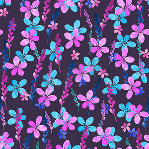 水彩风格花卉摄影照片_无缝花纹与水彩蓝色粉红色花朵和叶子在紫色背景上的复古风格。 
