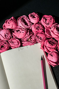 节日模型摄影照片_节日模型，粉红玫瑰与生日笔记本，情人节母亲节，早上的花束。