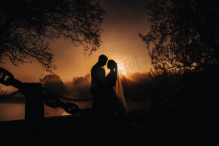 涅斯维日城堡背景下日落时一对相爱的情侣的剪影