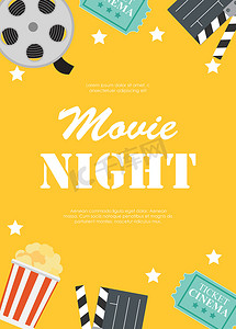 抽象电影之夜电影平面背景与卷轴、旧式票、大爆米花和拍板符号图标。