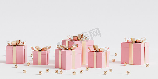 广告背景金色摄影照片_白色背景上带金色丝带的粉红色礼品盒，3d 渲染