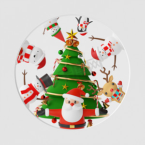 圣诞快乐，新年快乐，圣诞树的横幅背景，白色背景上有可爱的圣诞人物，3d 渲染