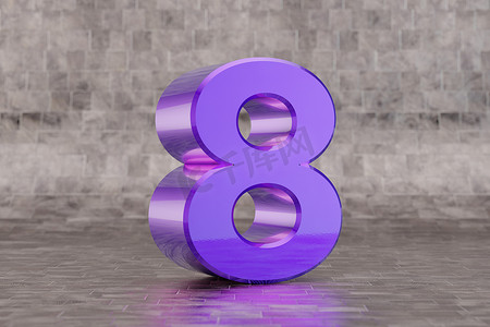 紫色 3d 数字 8。平铺背景上的光泽靛蓝数字。 