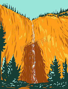仙女瀑布是黄石国家公园内黄石公园最高的瀑布之一 美国怀俄明州提顿县 WPA 海报艺术