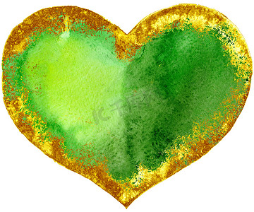 水彩质感的绿色心与金色笔画