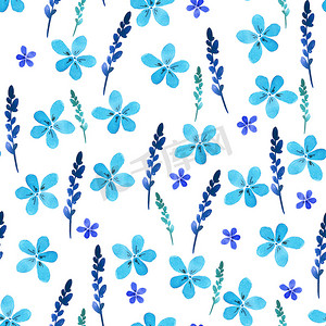 复古图案花纹摄影照片_无缝花纹与水彩蓝色花朵和叶子的复古风格。