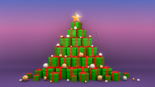 有红色丝带的绿色礼品盒在照明圣诞树背景上以圣诞树的形状布置。，3D 渲染。