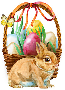 米色兔子和复活节篮子的水彩插图
