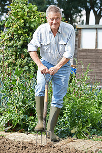 花园菜地摄影照片_老人在地块上挖菜地