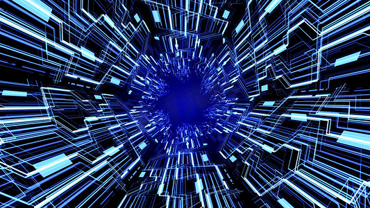 3D 抽象未来数字电路板隧道 HUD 与发光浅蓝色振动彩色波浪背景 Ver.3