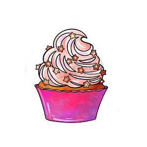一幅彩色糖果图的插图：橙色纸杯蛋糕配粉色紫色奶油，在白色孤立背景上装饰着不同颜色的星星