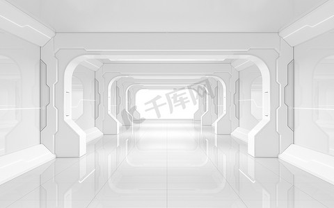 白色空隧道，未来派房间，3d 渲染。