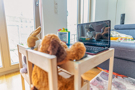 家庭办公室 — 新的工作机会象征性地在笔记本电脑上工作的毛绒狗和玩具笔记本电脑坐兔前拍摄，这是 2020 年的新生活方式。