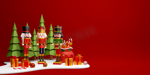 圣诞摄影照片_圣诞横幅胡桃夹子与松树林中的圣诞礼物，3d 插图