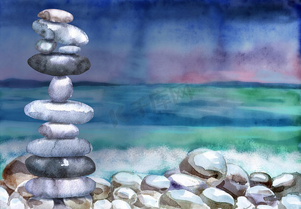 水彩手绘风景，有一堆扁平的鹅卵石和海洋
