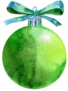 水彩绿色圣诞球与孤立在白色背景上的蝴蝶结。