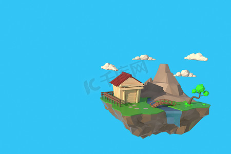 3D 插画家靠近山的小房子。 
