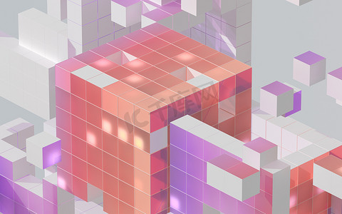 半透明渐变立方体和材料，3d 渲染。