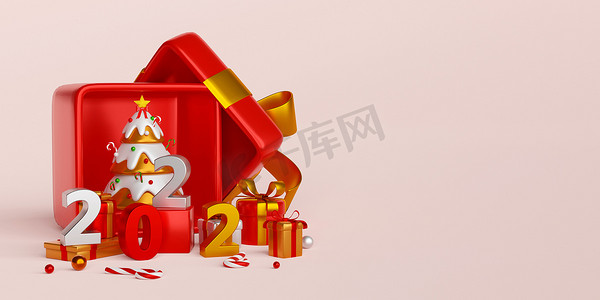 新年快乐3摄影照片_圣诞快乐，新年快乐，圣诞树装在礼盒里，圣诞装饰品，3D 插图