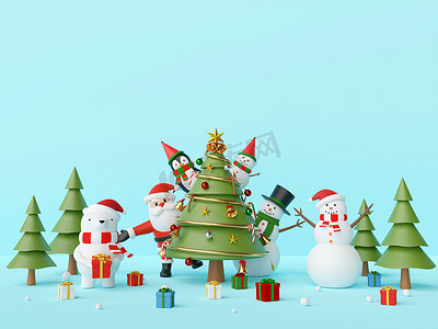 圣诞快乐，新年快乐，圣诞派对圣诞老人和蓝色背景圣诞树的朋友，3d 渲染