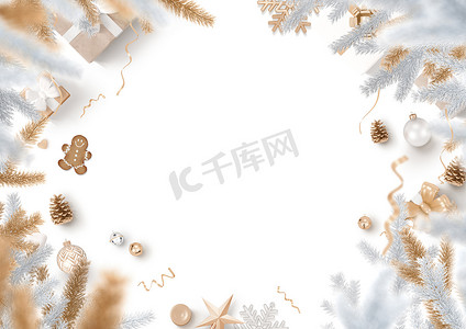 日系风边框摄影照片_圣诞装饰边框和空白的白色背景