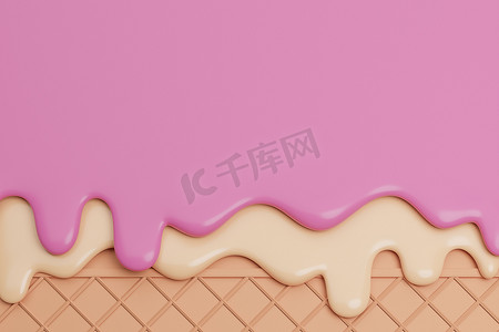 草莓和香草冰淇淋融化在晶圆背景上。，3D 模型和插图。