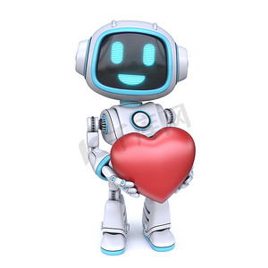 3d红心摄影照片_可爱的蓝色机器人拿着红心 3D