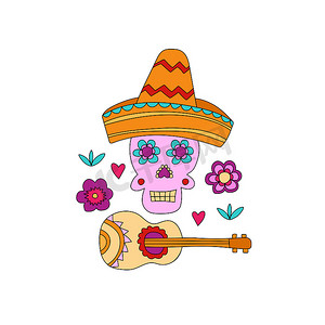 装饰公司海报摄影照片_Cinco de Mayo Fiesta 手绘头骨与装饰元素